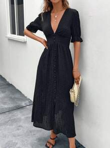 SHEIN VCAY 深V領荷葉袖高衩洋裝 - 黑色 - 查看 3