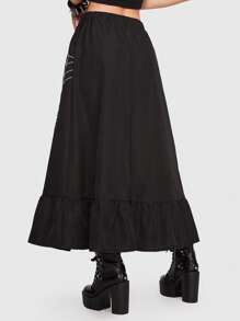 ROMWE Goth 蜘蛛網印花荷葉邊半身裙 - 黑色 - 查看 3