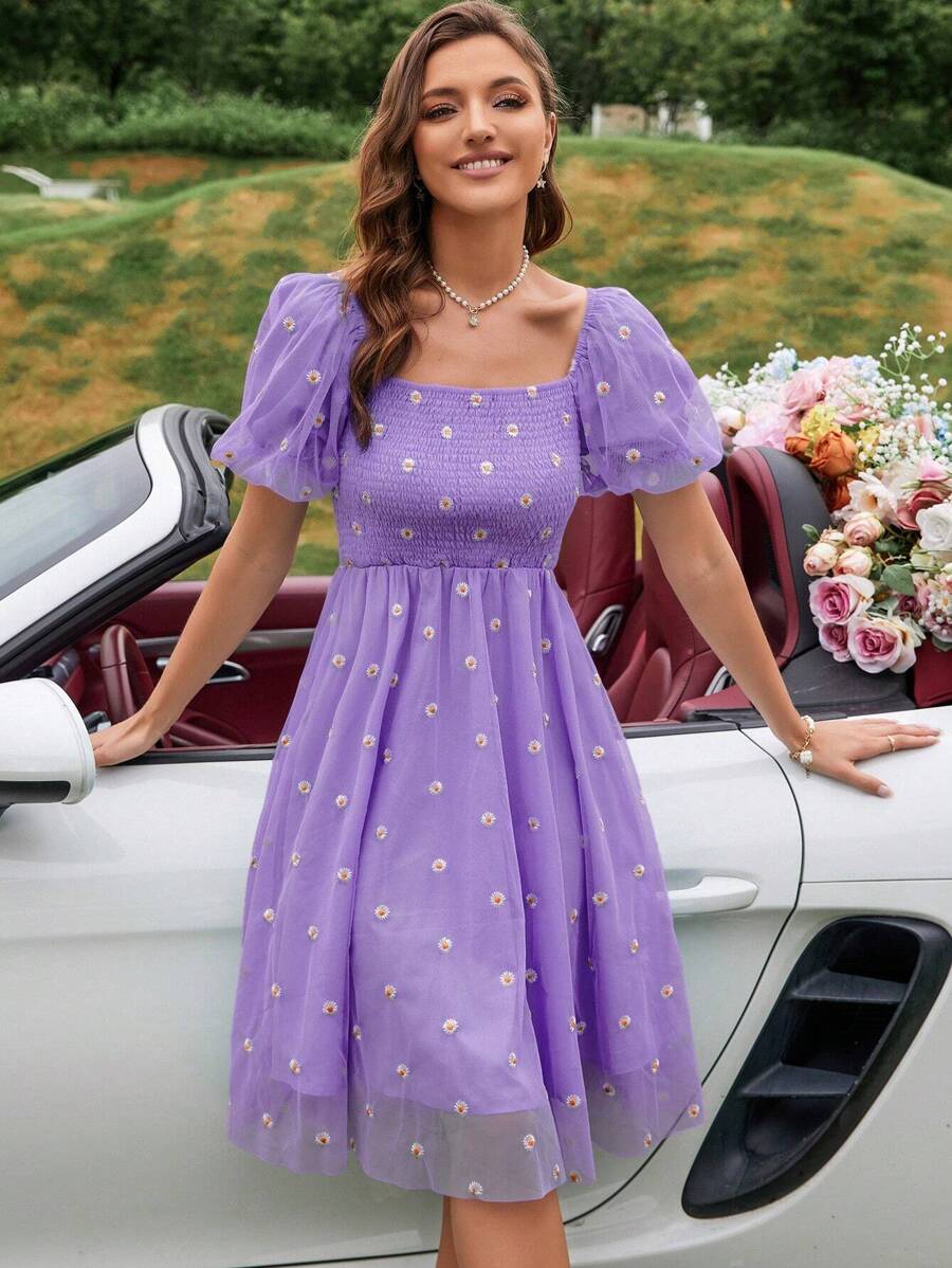 Revavyn Floral Embroidery Square Neck Puff Sleeve Mesh Overlay Dress Vacation Outfits Woman - Purple - View 1