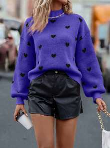 SHEIN Clasi Heart Pattern Mock Neck Drop Shoulder Sweater - Purple - View 6