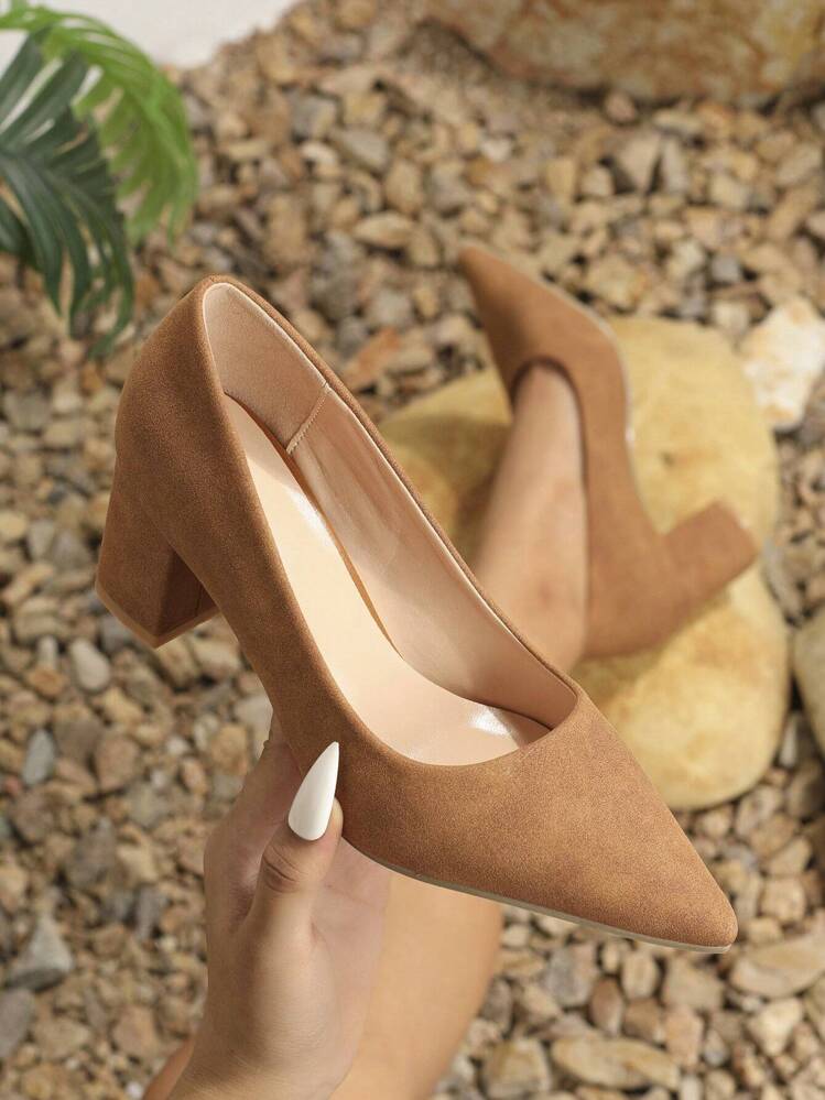 Women s Fashionable Classic Brown Pointed Toe Chunky Heels Pumps For Work And Any Occasion SHEIN ASIA