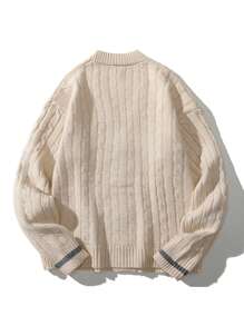 男士麻花編織條紋飾邊開襟衫 - 米色 - 查看 2