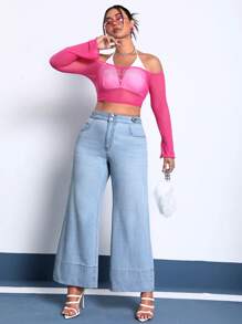 SHEIN Essnce Hơn Cao eo quần ống rộng Quần jean - Màu xanh lam - Xem 4