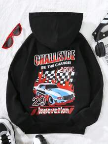 SHEIN 少女汽车字母图案卫衣 - 黑色 - 查看 1