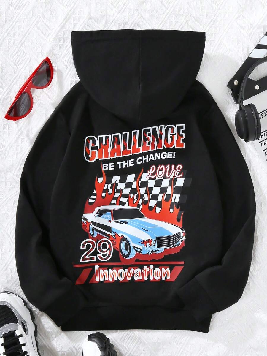 SHEIN 少女汽车字母图案卫衣 - 黑色 - 查看 1