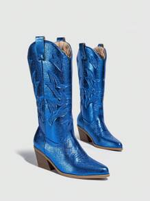 Western Style Embroidery Block Heel Winter Women's Slip-on Boots - Blue - View 4