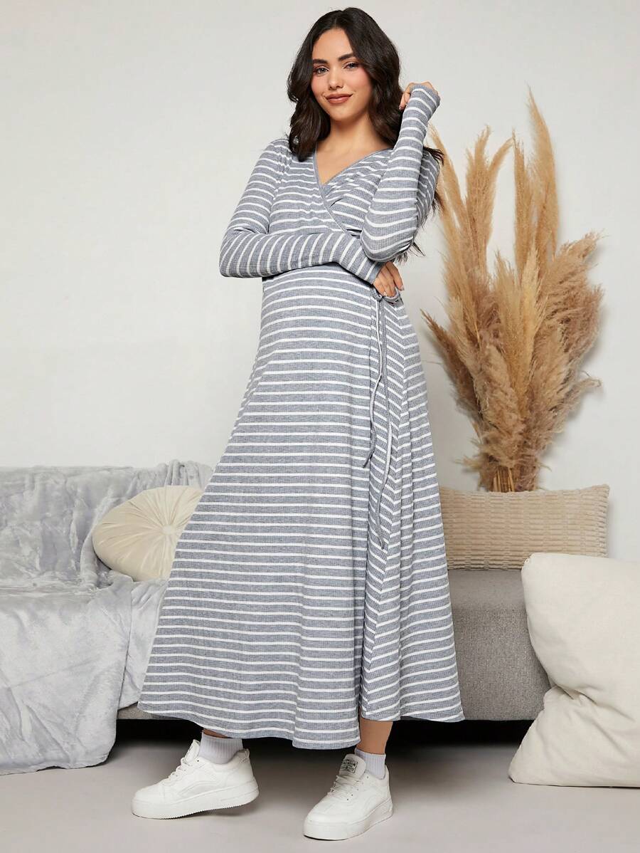 SHEIN Maternity Striped Print Knot Side Wrap Dress With Long Sleeve - Grey - View 1