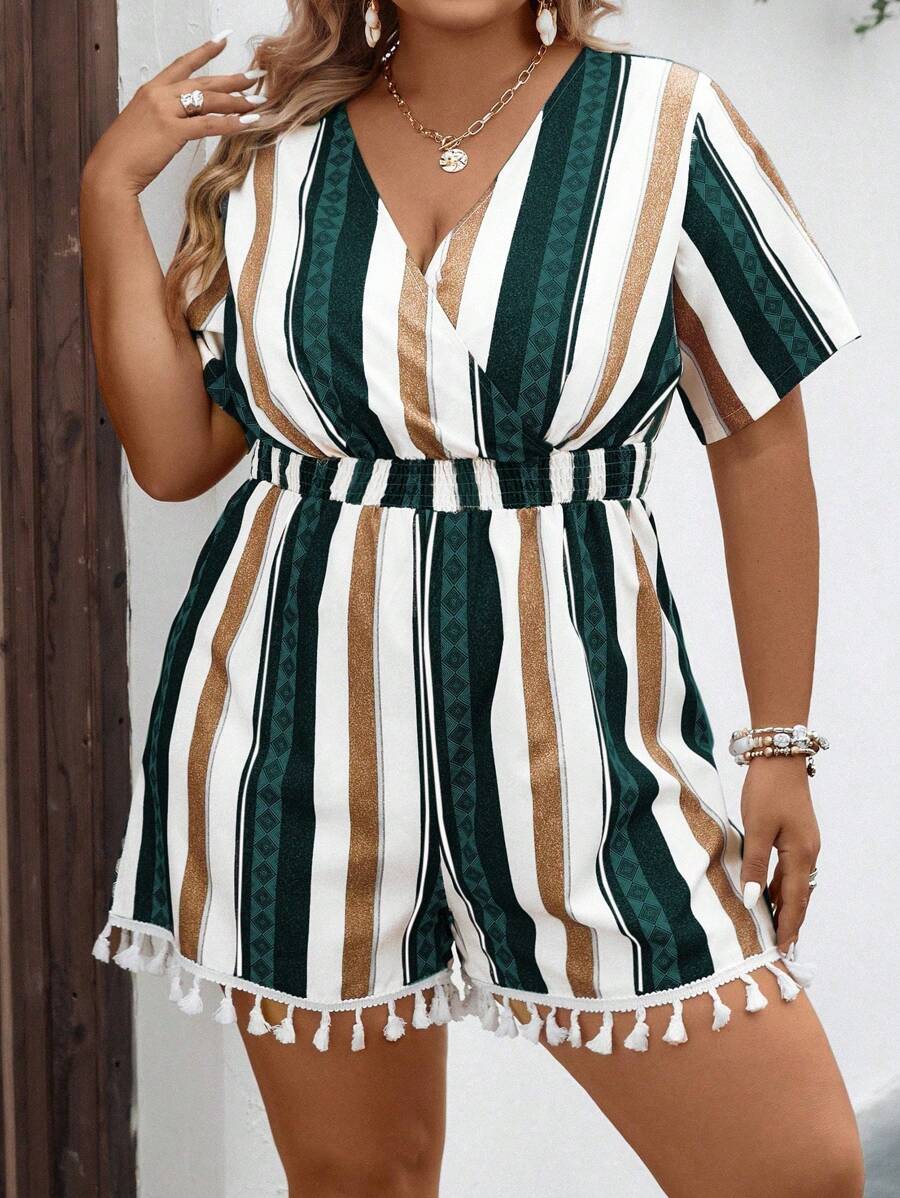 SHEIN LUNE Jumpsuits Plus Size Trọn gói mép Sọc Boho - Nhiều màu - Xem 1
