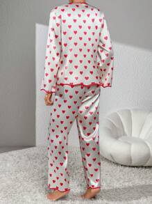 Heart Print Contrast Binding Satin PJ Set / Pajama Set White Set - White - View 2