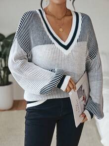 SHEIN LUNE 條紋圖案落肩袖套頭毛衣 - 彩色 - 查看 7