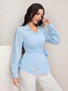 Mulvari Letter Patched Detail Knot Side Wrap Blouse - Baby Blue - View 6