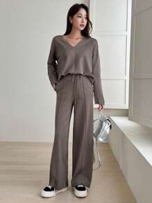 DAZY 落肩毛衣和抽绳腰针织裤秋季