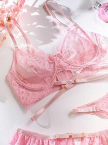 Set de lencería con encaje floral con aro con liga - Rosa - Ver 3