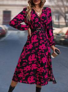 SHEIN Clasi Vestido largo con estampado floral, mangas farol y abertura en el muslo para mujer