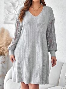 SHEIN LUNE Plus Contrast Lace Drop Shoulder Dress - Light Grey - View 3