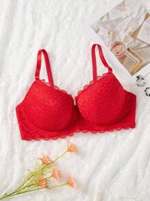 Plus Floral Lace Underwire Bra Lingerie - Red - View 1