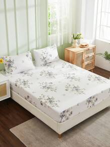 3pcs/set Flower Print Fitted Sheet Set Without Filler, Back to school season,Modern Fitted Sheet Set