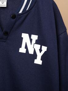 SHEIN 男大童字母圖案條紋飾邊落肩袖運動衫 - 藏蓝色 - 查看 6