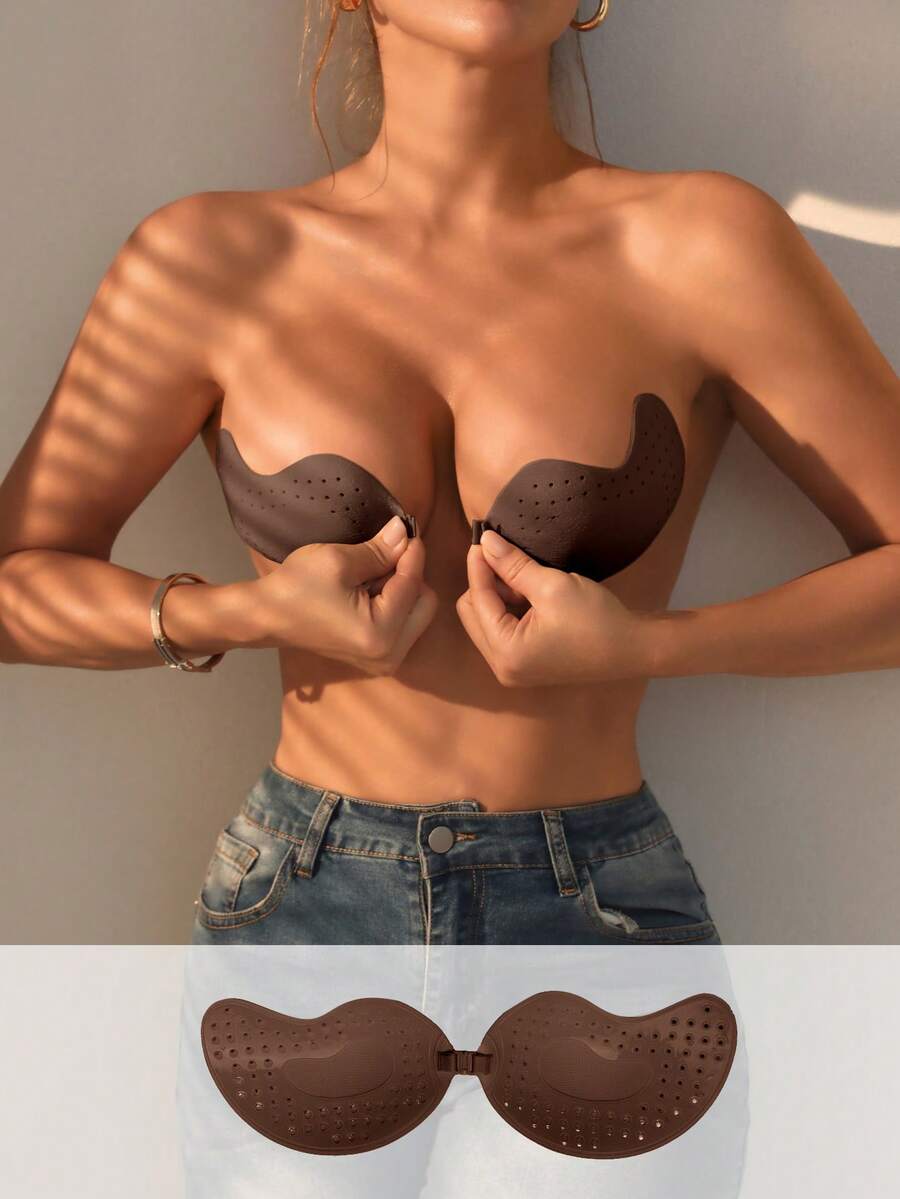 Buckle Front Self Adhesive Bra - Brown - View 1