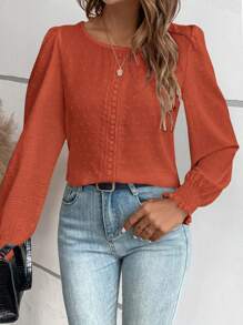 EMERY ROSE 瑞士圆点花边蕾丝嵌件灯笼袖衬衫、长袖上衣 - 鏽棕色 - 查看 5