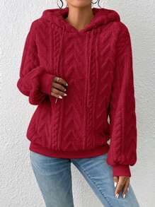 SHEIN Frenchy Drop Shoulder Drawstring Hoodie Christmas Winter New Year Red Burgundy Casual - Burgundy - View 5