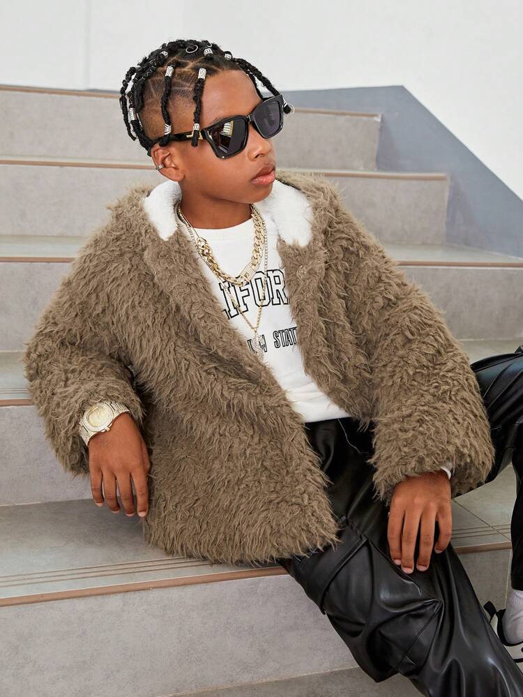 Tween Boy Open Front Hooded Fuzzy Coat