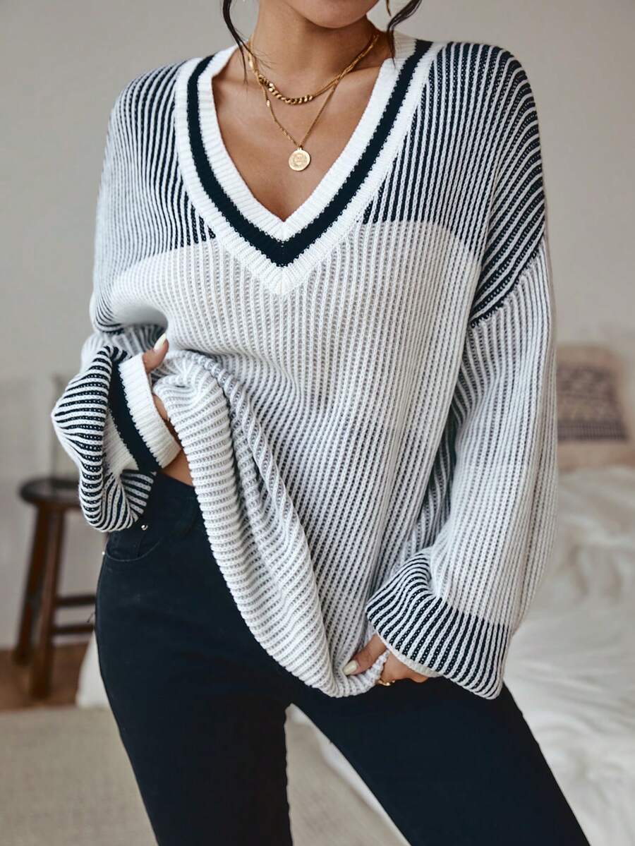 SHEIN LUNE 條紋圖案落肩袖套頭毛衣 - 彩色 - 查看 1