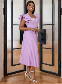 Đầm midi thanh lịch xếp ly cổ vuông tay bèo nhún màu tím nhạt cho nữ - Màu Lilac Tím - Xem 3