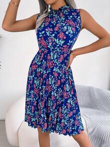 Floral Print Mock Neck Dress - Royal Blue - View 3