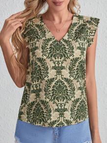 SHEIN LUNE Allover Print Ruffle Trim Blouse