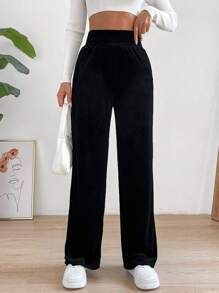 SHEIN Essnce Pantalones rectos divididos con cintura alta elástica unicolor casuales para mujeres
