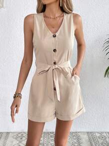 SHEIN VCAY 前紐扣腰帶連身短褲 - 杏色 - 查看 3