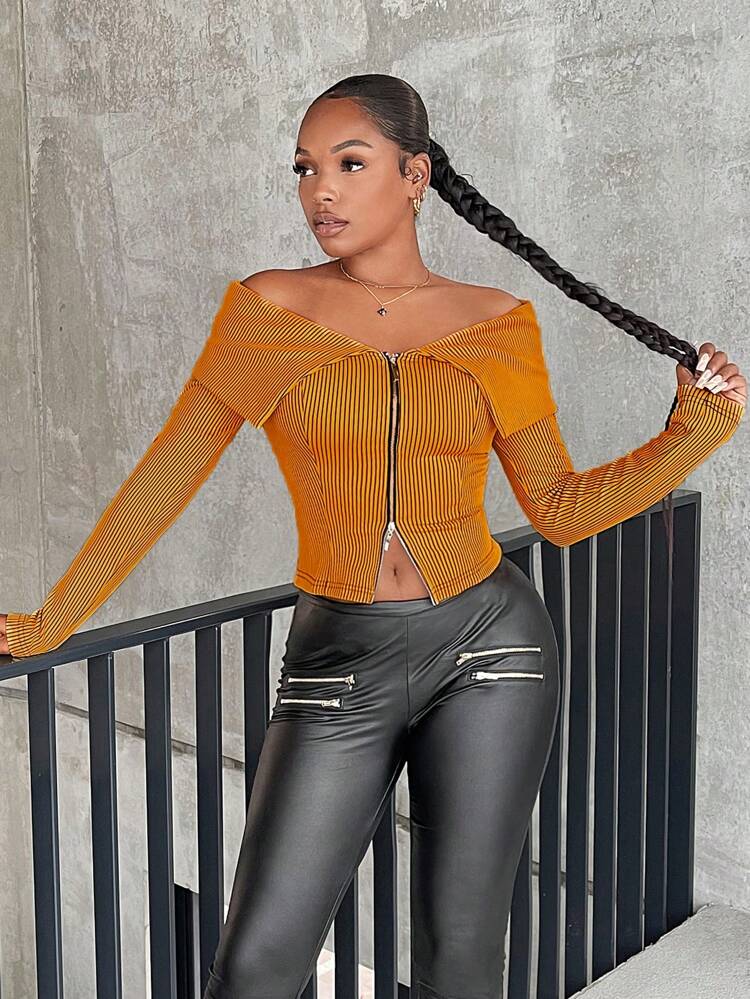 Off Shoulder Zip Up Crop Top
