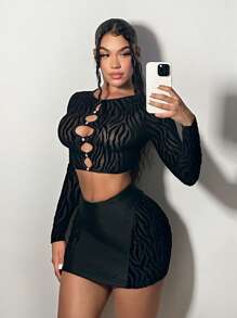 SHEIN SXY Sọc Ngựa vằn Cắt ra Top Cây trồng & Váy bodycon - màu đen - Xem 4