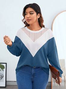 SHEIN Essnce Hơn Khối màu Ren tương phản Thả vai Áo nỉ - Màu xanh bụi bặm - Xem 4