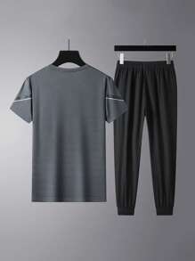 男士拼接邊T恤&腰部抽繩衛褲 - 灰色 - 查看 2