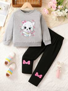 SHEIN 女小童卡通圖案運動衫&蝴蝶結圖案緊身打底褲 - 彩色 - 查看 1