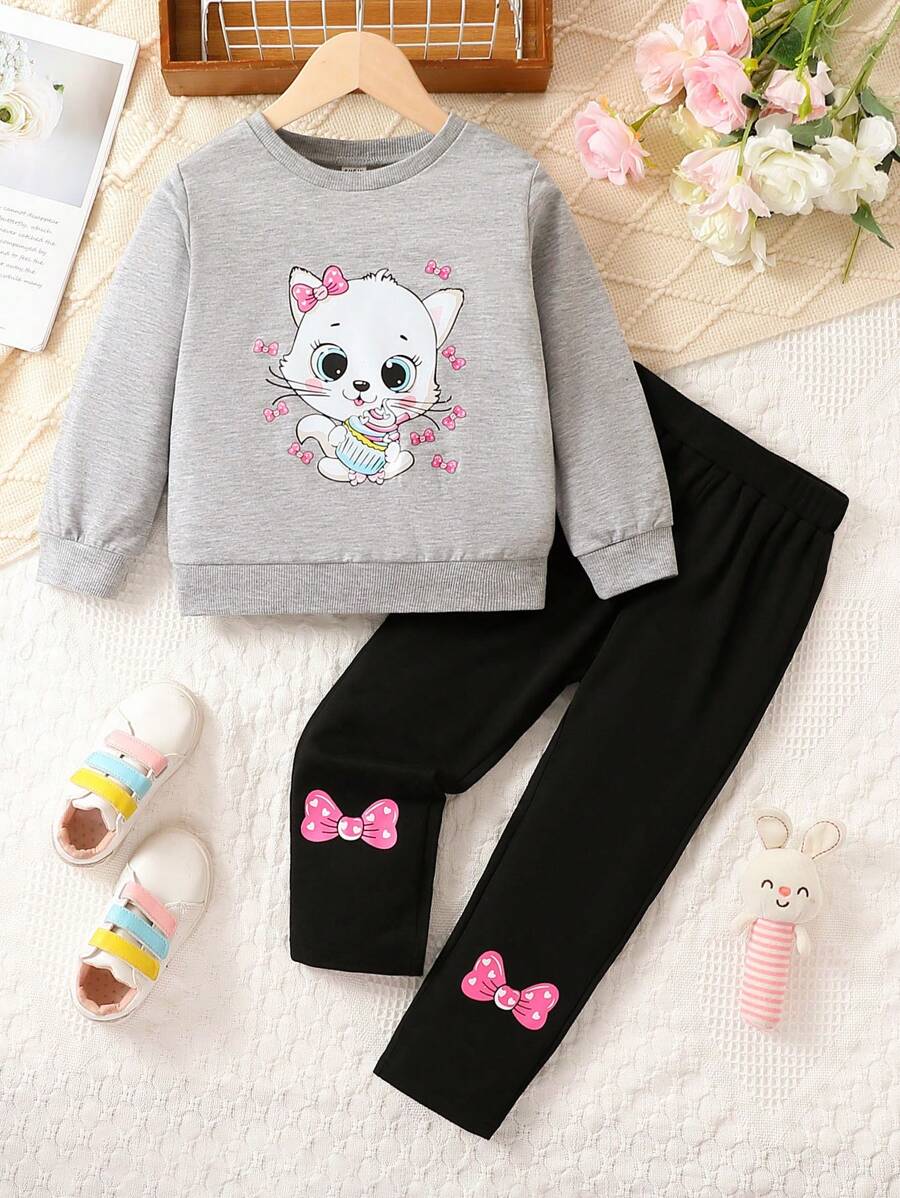 SHEIN 女小童卡通圖案運動衫&蝴蝶結圖案緊身打底褲 - 彩色 - 查看 1