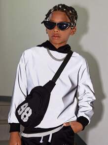 Tween Boy Reflective Letter Graphic Drop Shoulder Hoodie With Bag