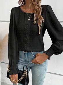 SHEIN LUNE Chấm Swiss Chèn ren Guipure Tay áo lồng đèn Áo sơ mi - màu đen - Xem 4