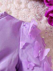 Đứa bé gái Đèn treo tường tay áo lá sen Nơ mặt trước Đầm - Màu tím - Xem 5