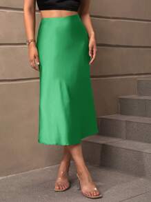 SHEIN BAE 高腰素色緞面A字半身裙