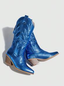 Western Style Embroidery Block Heel Winter Women's Slip-on Boots - Blue - View 6