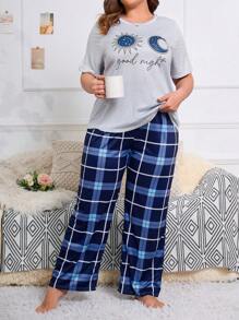 Plus Sun & Moon Print Tee & Plaid Print Pants PJ Set - Multicolor - View 2