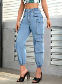 SHEIN PETITE 側翻蓋口袋工裝牛仔褲 - 中等水洗藍 - 查看 4