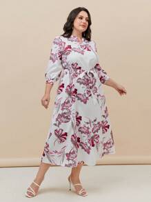 Mulvari Plus Floral Print Notched Neck Belted Dress - Multicolor - View 1