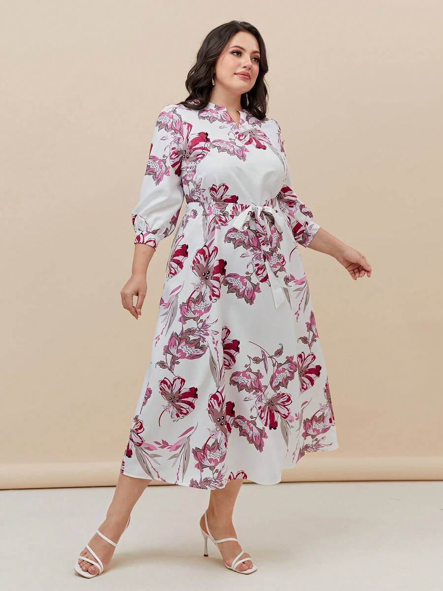 Mulvari Plus Floral Print Notched Neck Belted Dress - Multicolor - View 1
