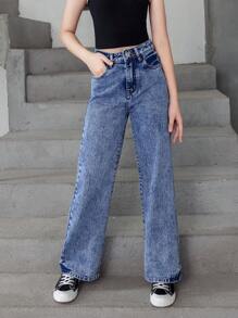 SHEIN 少女街头波西米亚风休闲直筒牛仔裤，松紧腰带，带平口袋，时尚百搭，适合学校、校园、大学暑假穿着。 - 中等水洗藍 - 查看 5