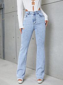 SHEIN Essnce Slant Pocket Flare Leg Jeans - Light Wash - View 5