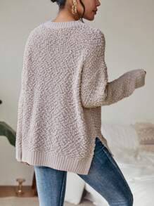 SHEIN LUNE Popcorn Knit Drop Shoulder Split Hem Sweater - Apricot - View 2